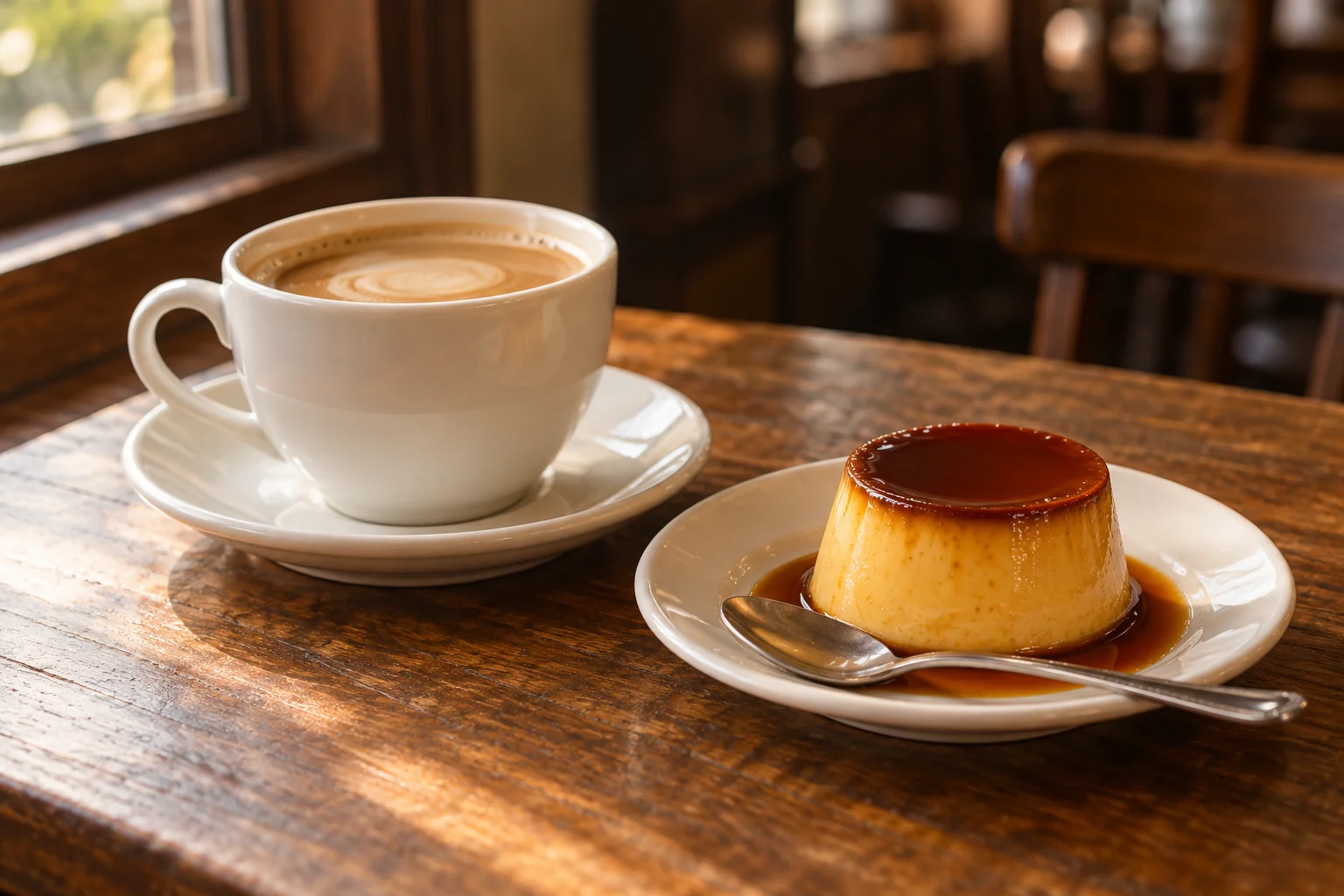 白いカップのカフェオレと、カラメルを添えたカスタードプリンのイメージ。