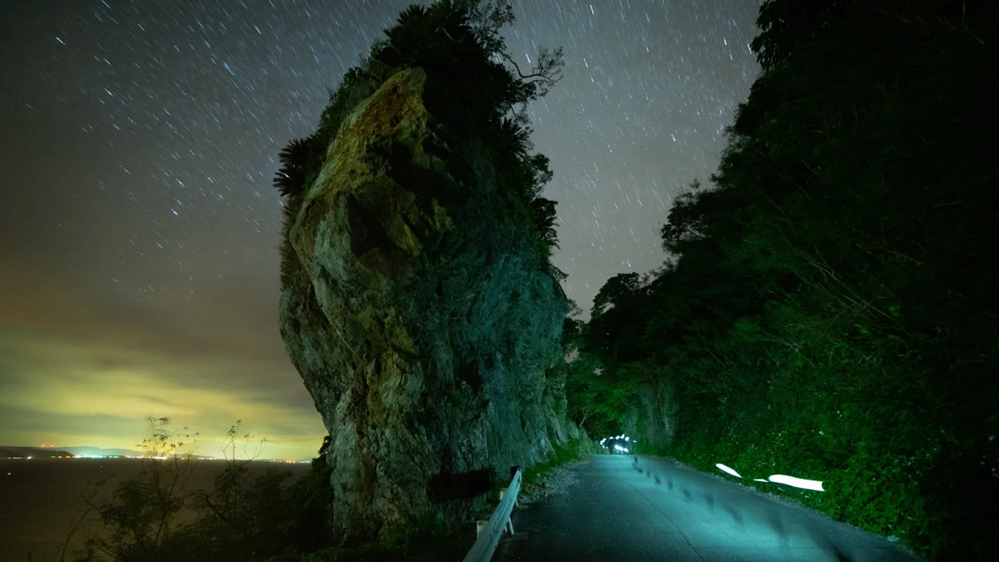 木々を載せた大きな岩の下に、夜の道と海が広がる。空には星の軌跡が見える。